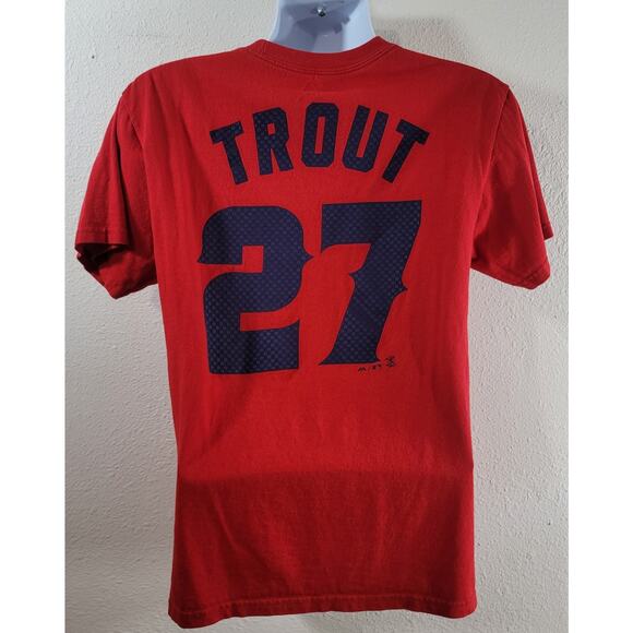 Majestic Red Blue Angels Baseball Big A Graphic Logo Trout 27 Shirt Medium - Picture 3 of 4